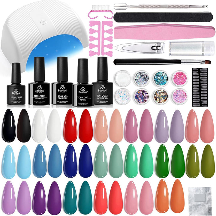 beetles Gel Polish front packaging showing full 34-piece kit and contents benefits