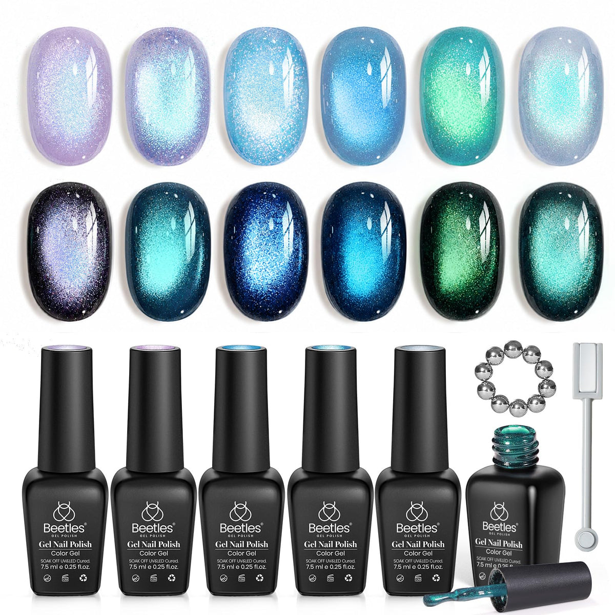 Beetles Gel Polish front packaging showing six mermaid shades and magnet for easy selection