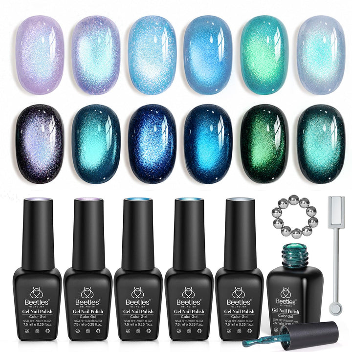 Beetles Gel Polish front packaging showing six mermaid shades and magnet for easy selection
