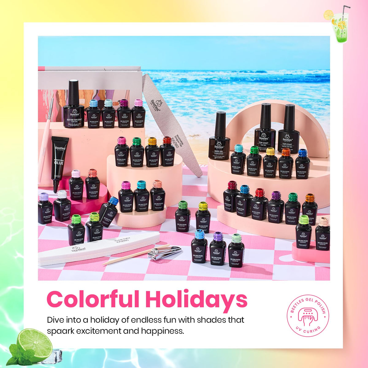 Beetles Gel Polish tools and accessories laid out for at-home salon use benefit ready-to-use kit