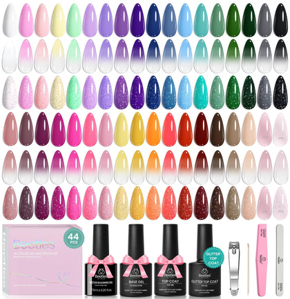 Beetles gel polish front packaging showing complete 36-color kit and manicure tools benefits variety