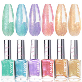 Beetles glitter set front packaging showing six shimmer bottles and benefits