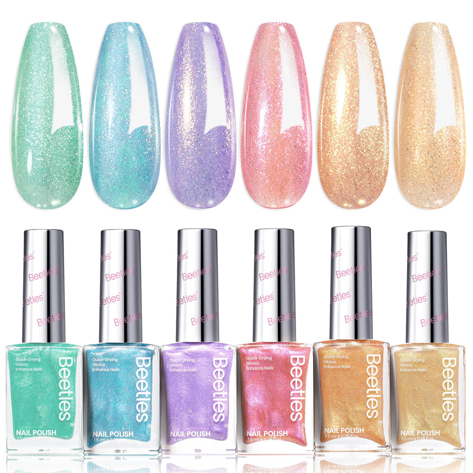 Beetles glitter set front packaging showing six shimmer bottles and benefits