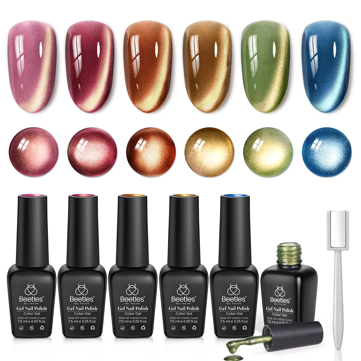 beetles brand front packaging showing six autumnal cat eye gel polish bottles and magnet tool for easy selection