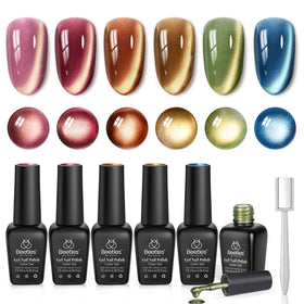 beetles brand front packaging showing six autumnal cat eye gel polish bottles and magnet tool for easy selection