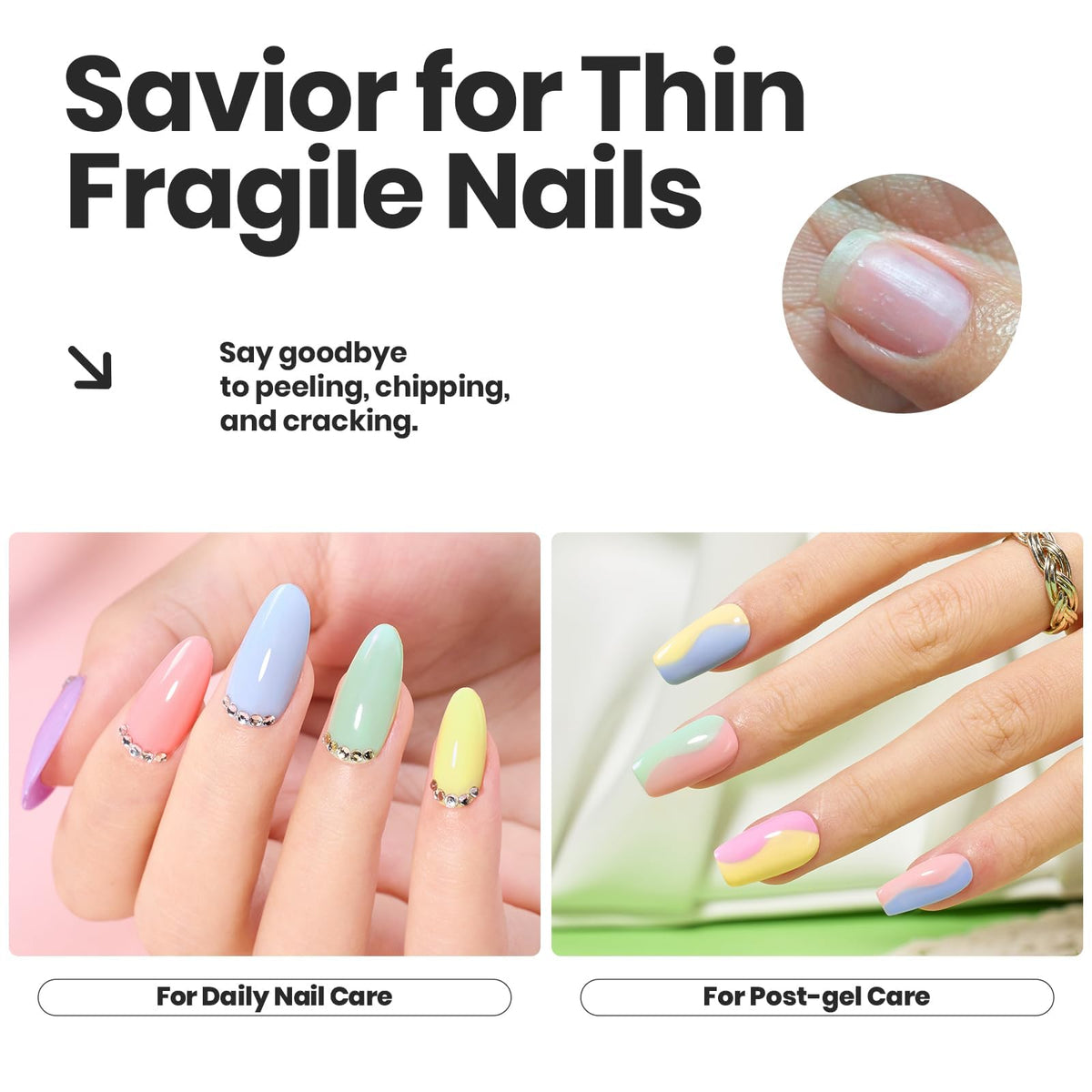 Beetles hand model wearing pastel manicure showing finished salon-style look
