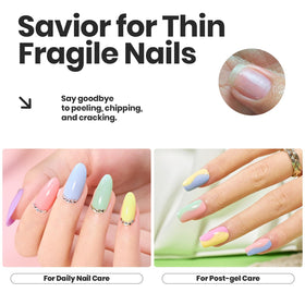 Beetles hand model wearing pastel manicure showing finished salon-style look