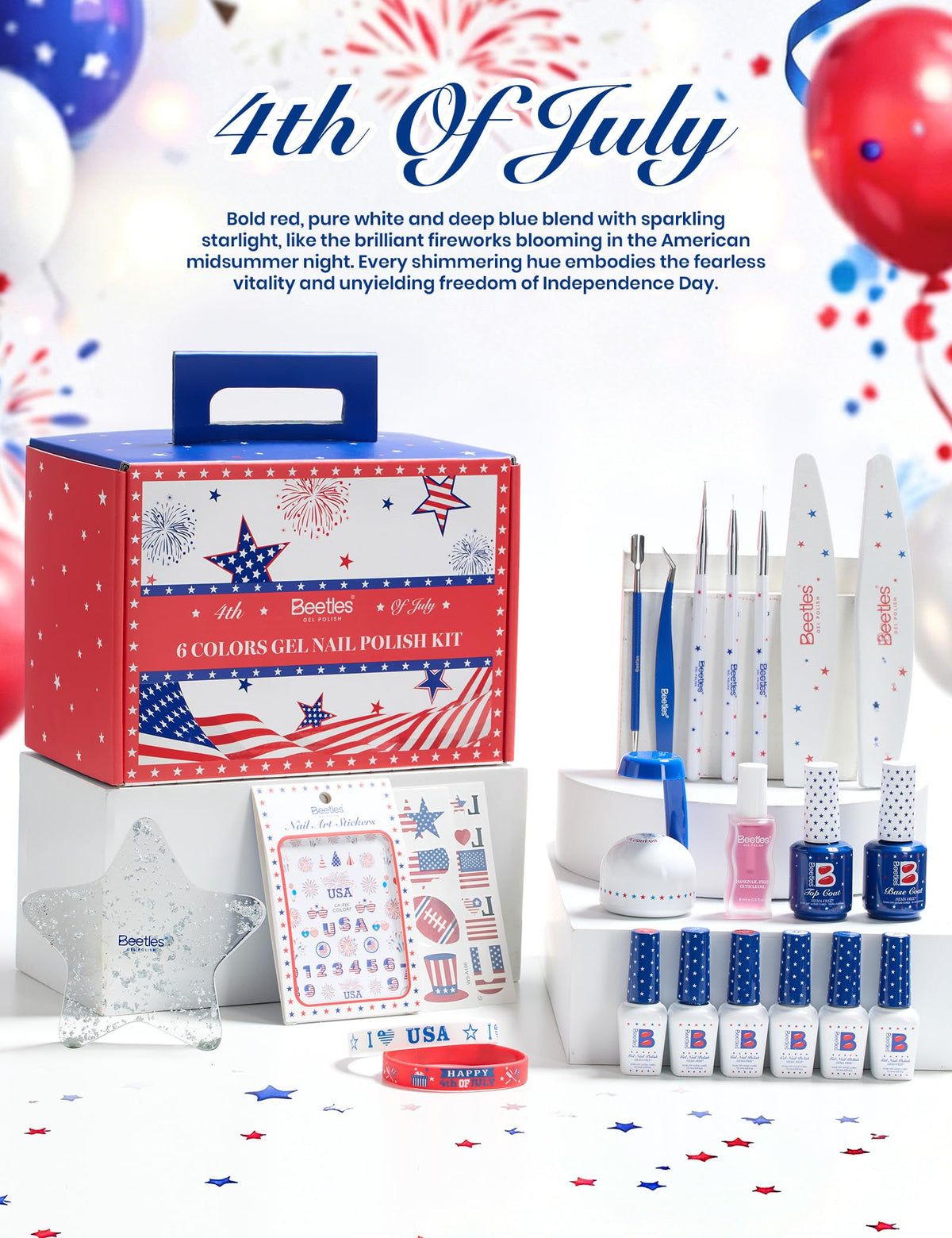 beetles hand model with red white blue nails showing finished festive look