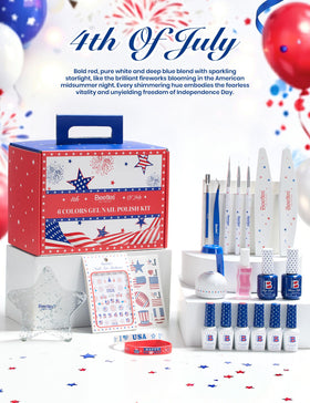 beetles hand model with red white blue nails showing finished festive look