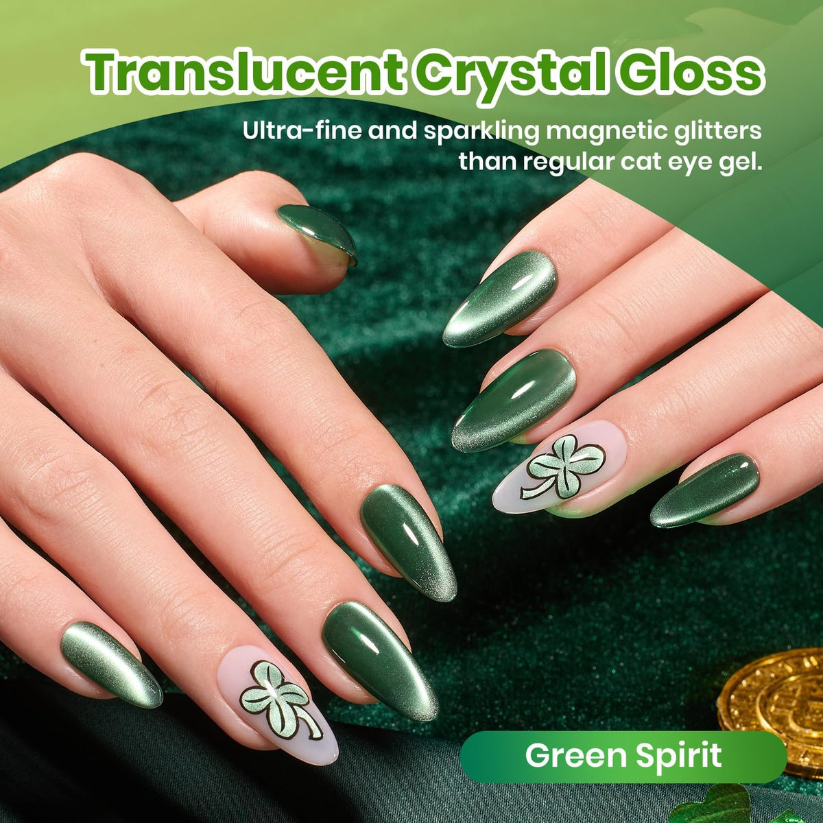 Beetles Gel Polish in-use party manicure on hands, eye-catching green shine benefit