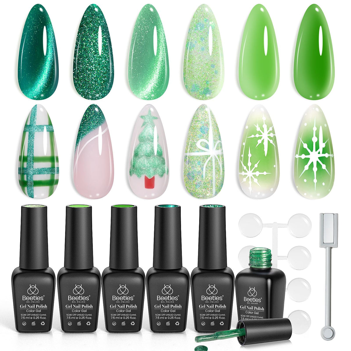 Beetles Gel Polish kit contents laid out showing included swatch dots and tabs benefit