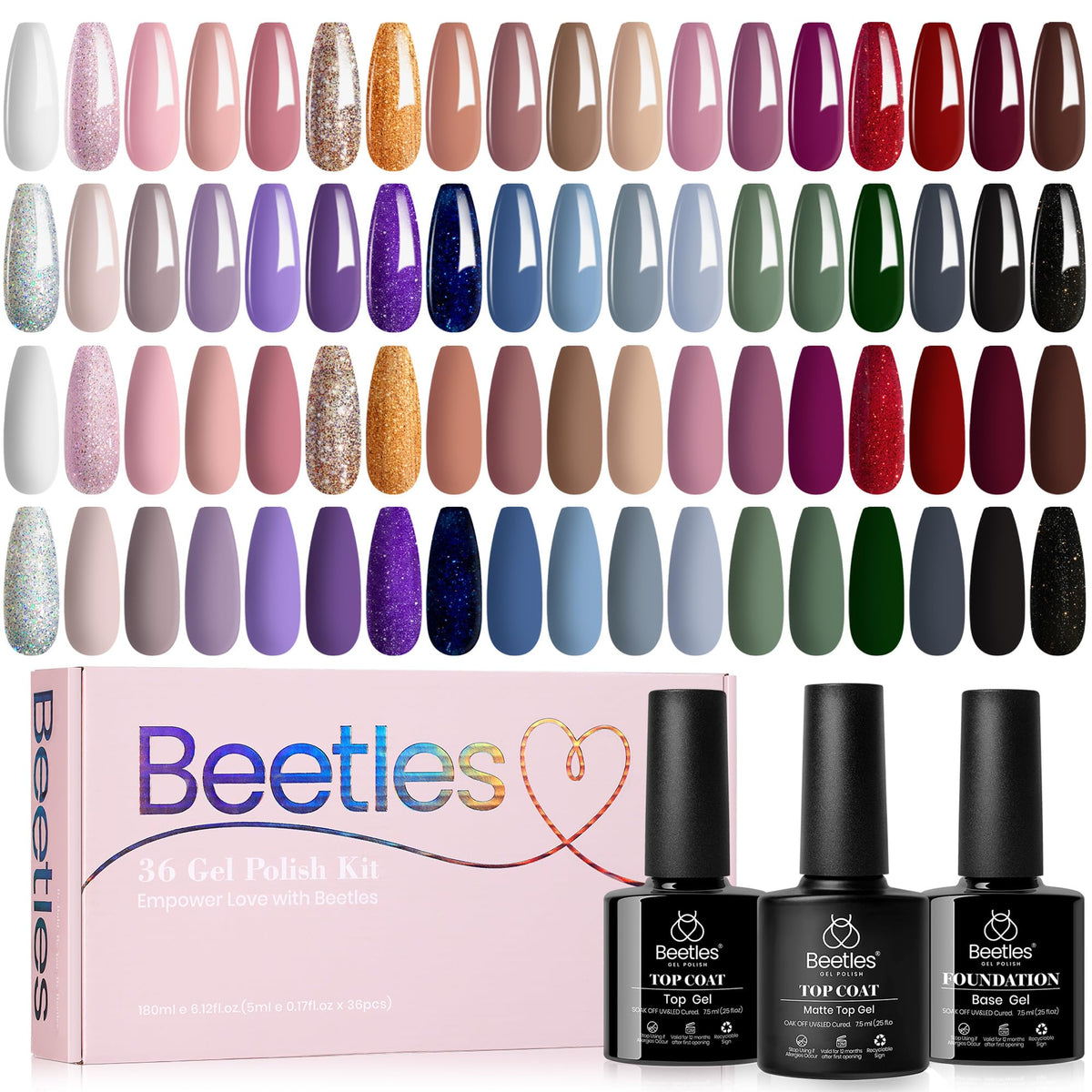 Beetles kit front packaging showing all 36 colorful gel bottles and included top base