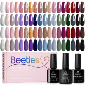 Beetles kit front packaging showing all 36 colorful gel bottles and included top base