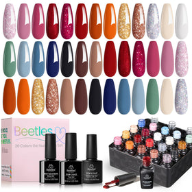 beetles gel polish kit front packaging showing full 23-piece set and gift box benefit: complete manicure set