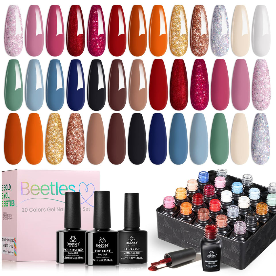 beetles gel polish kit front packaging showing full 23-piece set and gift box benefit: complete manicure set