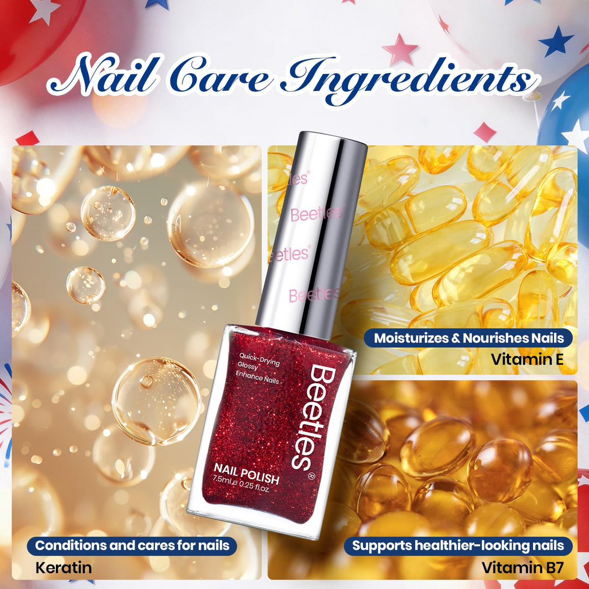 Beetles ingredient label and bottle cap close-up emphasizing nail-care additives, strengthening benefit
