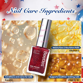 Beetles ingredient label and bottle cap close-up emphasizing nail-care additives, strengthening benefit