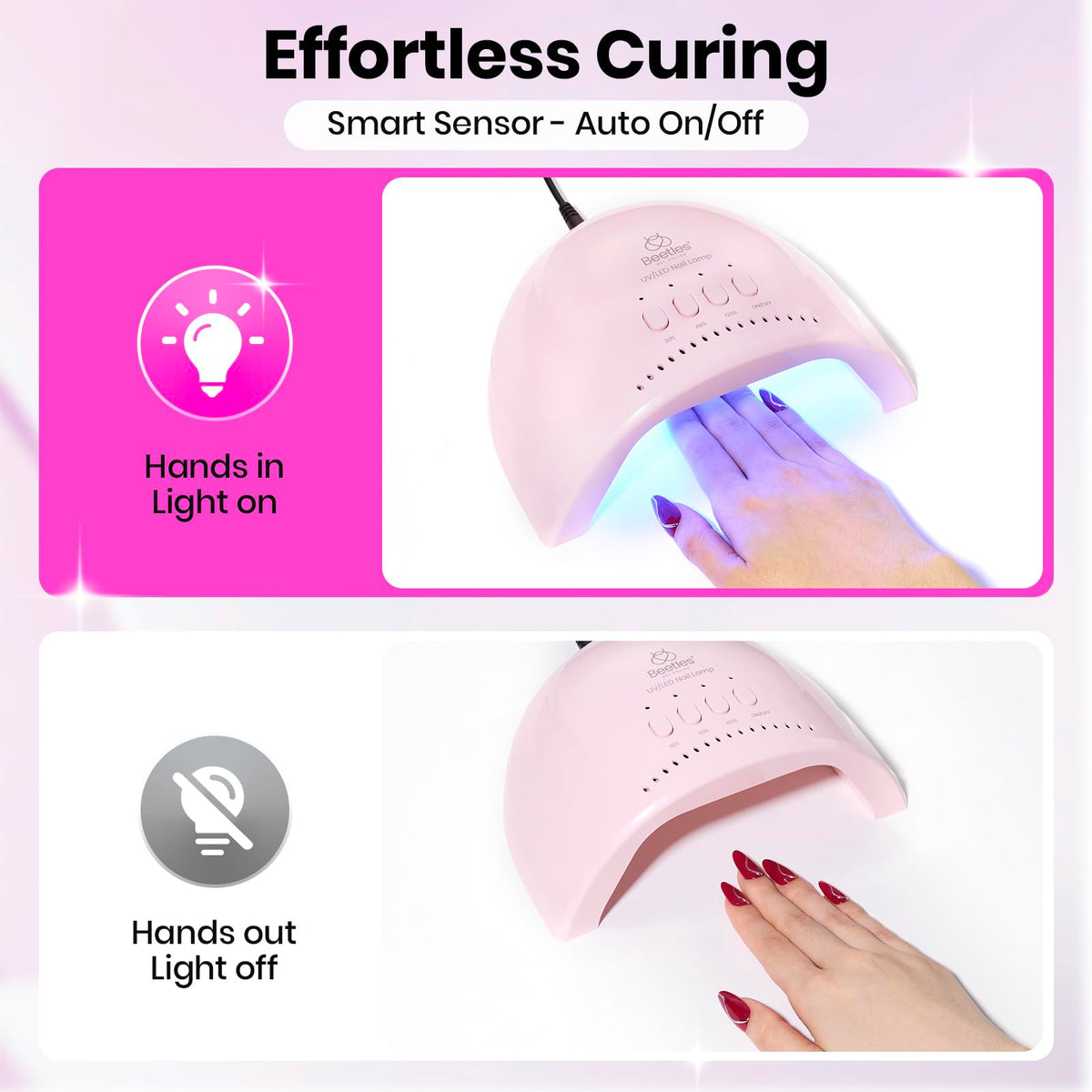 beetles Gel Polish hand inside lamp curing gel nails showing hands-free sensor benefit