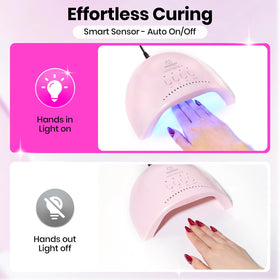 beetles Gel Polish hand inside lamp curing gel nails showing hands-free sensor benefit