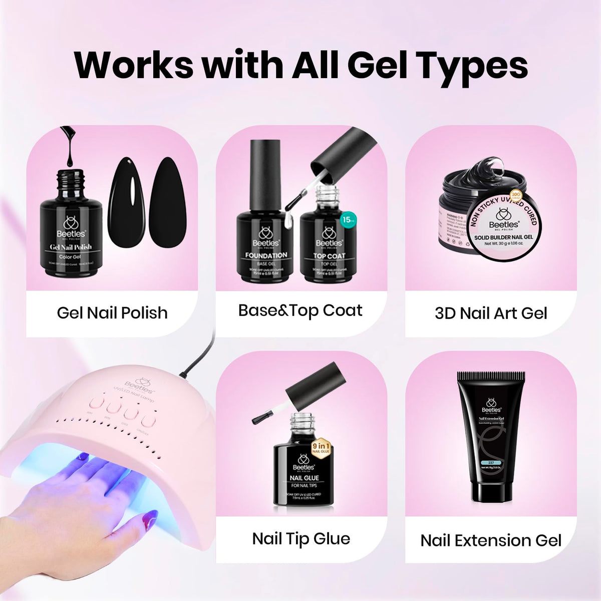 beetles Gel Polish lamp next to hand for scale showing compact size and travel-friendly benefit
