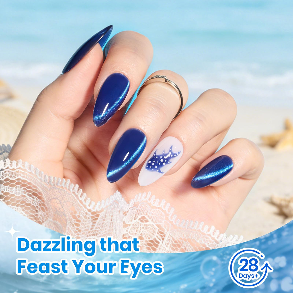 beetles applied manicure in hand showing salon-quality cat eye results