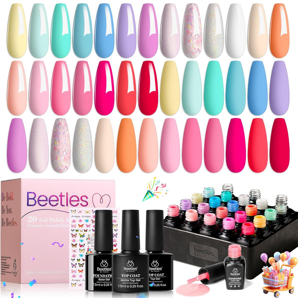 beetles Gel Polish gift box flatlay with pastel bottles demonstrating a ready-to-gift kit