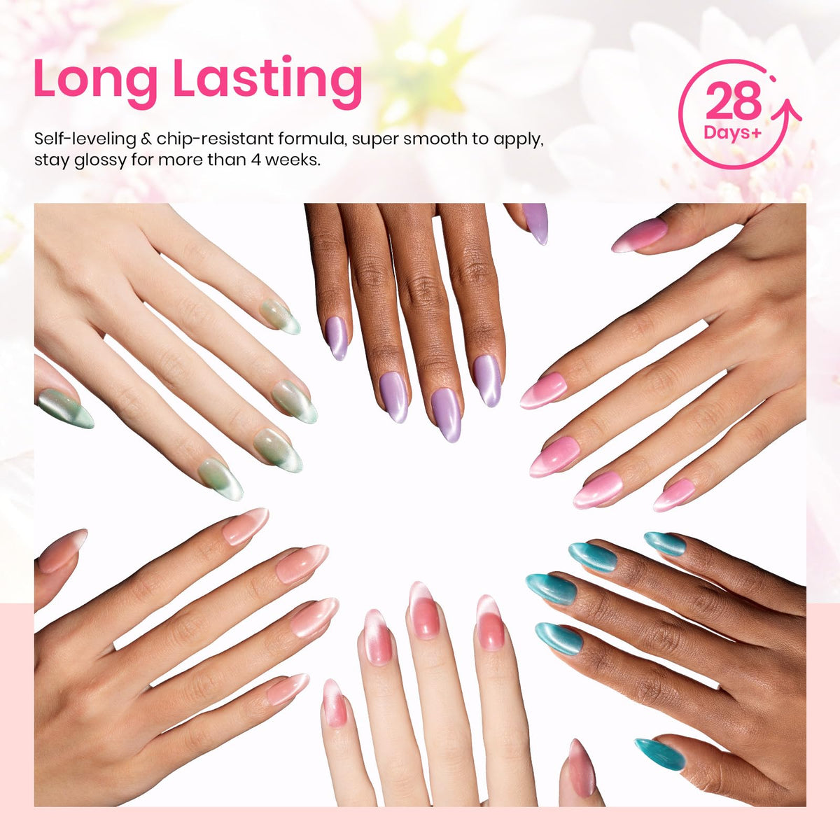 Beetles lifestyle spring manicure on hands with flowers showing wearable pastel shimmer