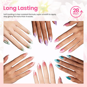 Beetles lifestyle spring manicure on hands with flowers showing wearable pastel shimmer