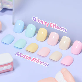 beetles hand with finished pastel manicure showing salon-quality long-lasting shine