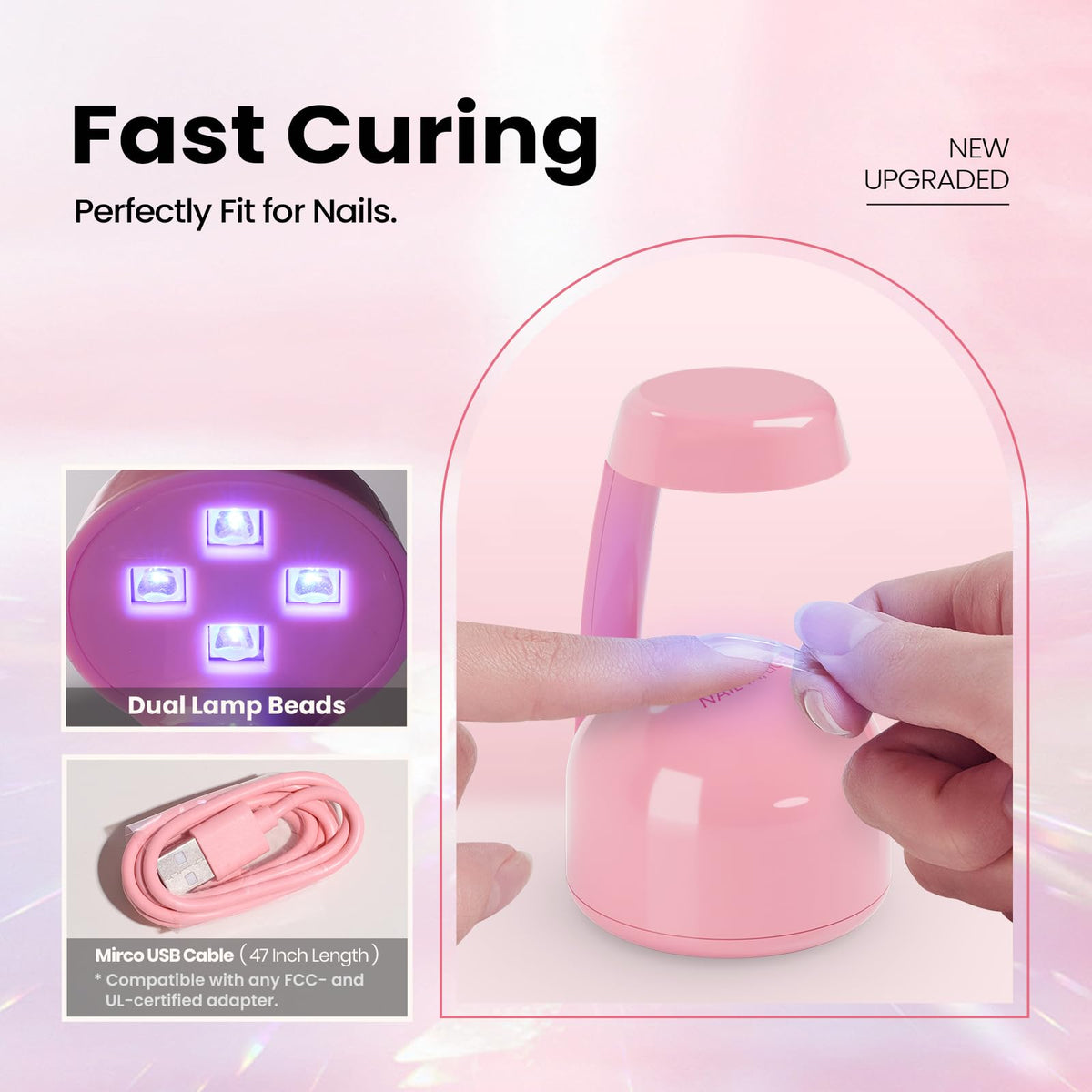 beetles lamp curing a gel nail tip to demonstrate quick 60-second drying