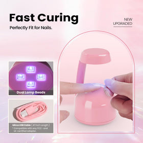 beetles lamp curing a gel nail tip to demonstrate quick 60-second drying