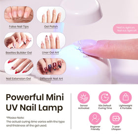 beetles Gel Polish mini UV lamp curing a nail for fast, reliable setting