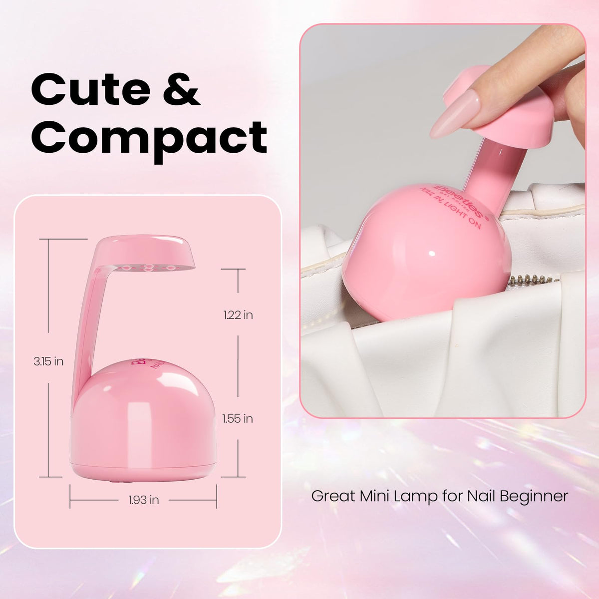beetles lifestyle image of pink lamp in a makeup bag for travel convenience