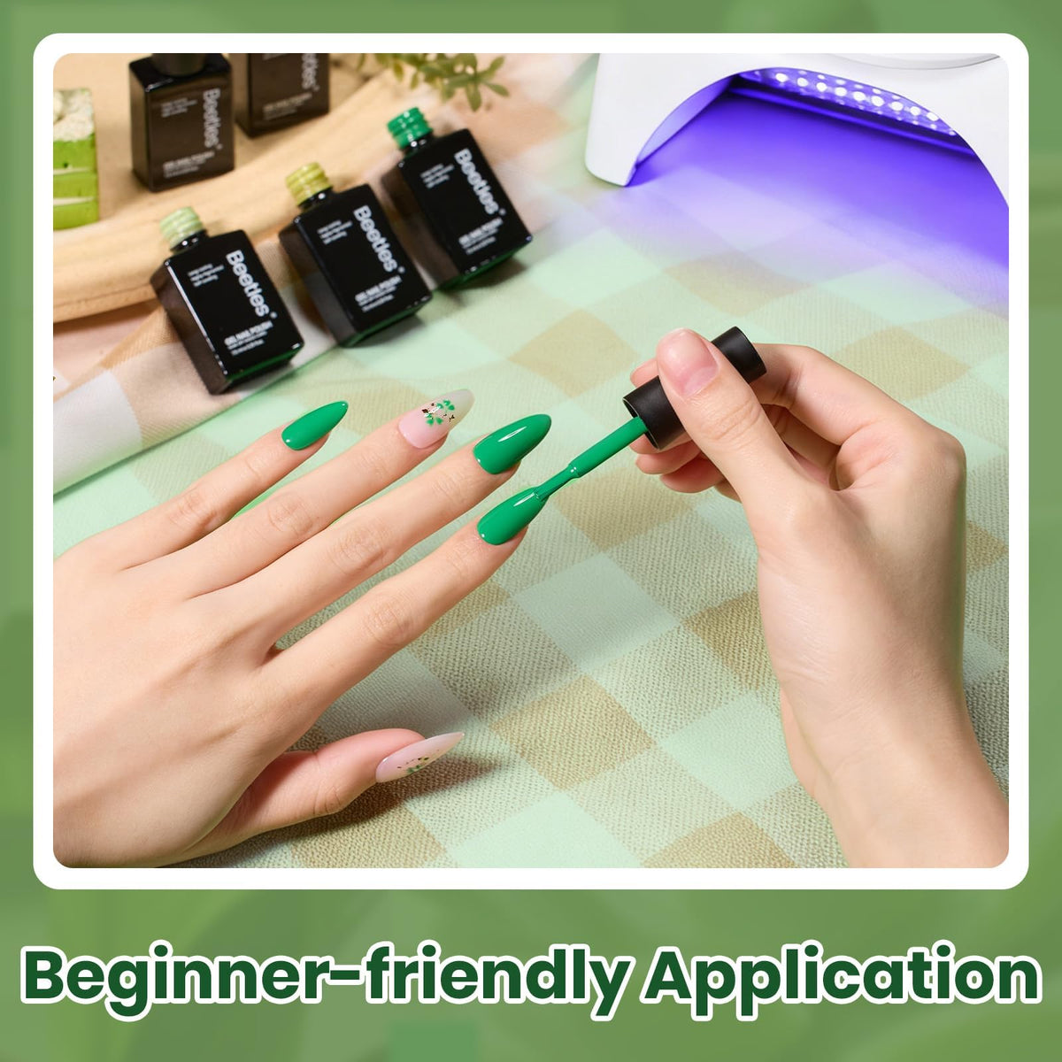 Beetles nail art application with brush, showing crisp design control and color payoff