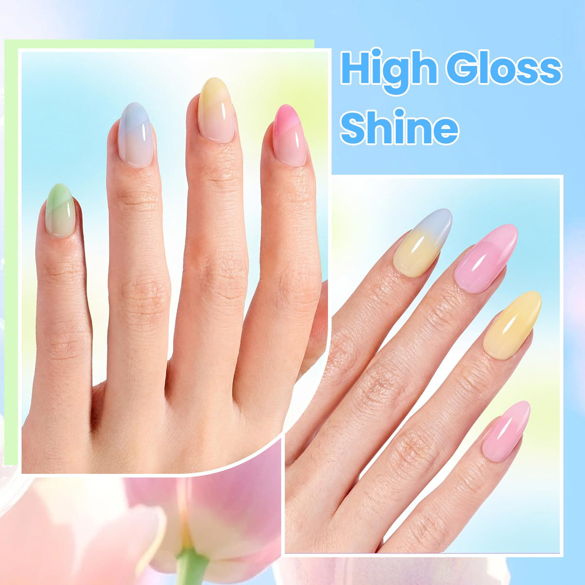 beetles nail finish on model hand demonstrating glossy pastel manicure result