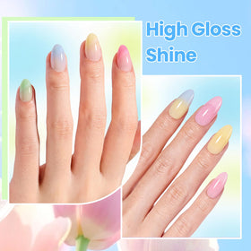 beetles nail finish on model hand demonstrating glossy pastel manicure result