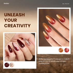 beetles nail in use burgundy manicure cured under lamp, shows salon finish