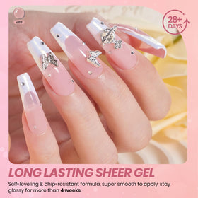 beetles nail swatch on hand model displaying translucent milky finish for natural look