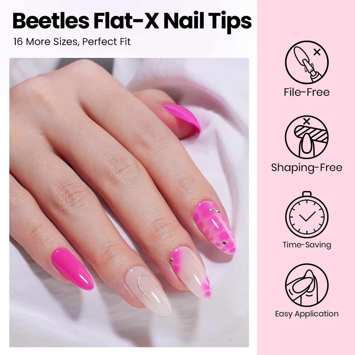 Beetles hands wearing finished almond press-on nails at home