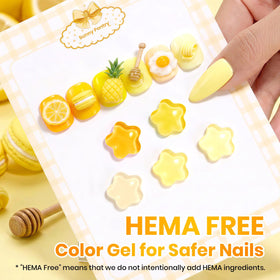 beetles nails in use with summer manicure showing durable, bright yellow finish