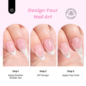 beetles on a model hand wearing French tips benefit shows finished look