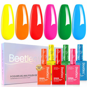 Beetles front packaging showing six neon bottles and clear labeling for quick identification