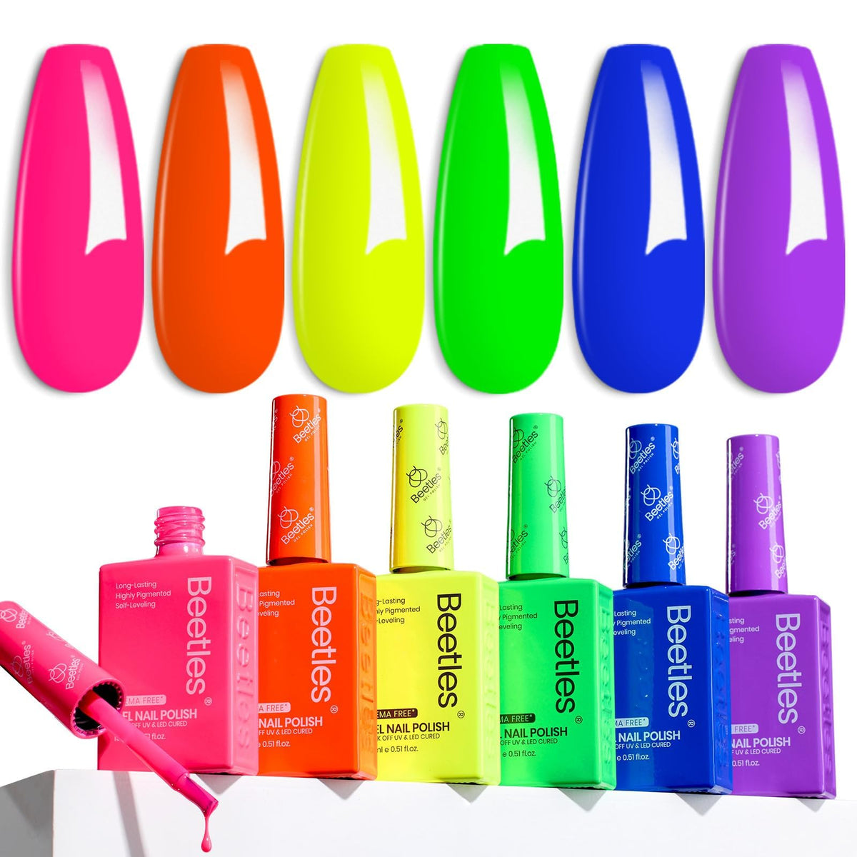 Beetles Gel Polish front packaging showing six neon color bottles for true shade preview