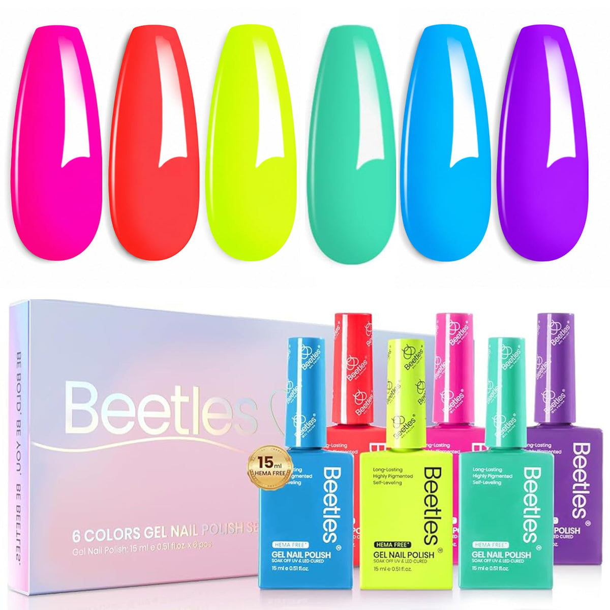 Beetles neon gel polish front packaging showing six vivid bottles and benefits