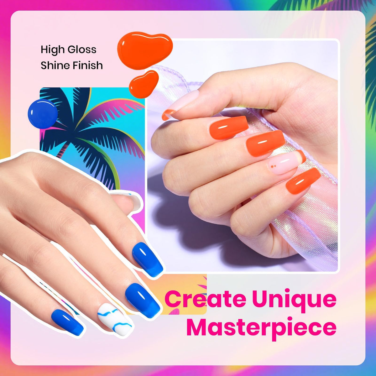 Beetles Gel Polish swatch on nails demonstrating vivid neon color payoff and glossy shine