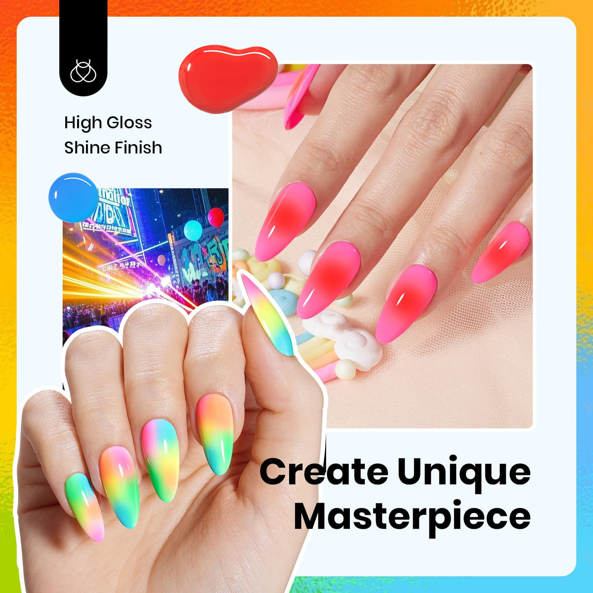 Beetles nail tip swatches demonstrating neon color payoff and salon-quality shine