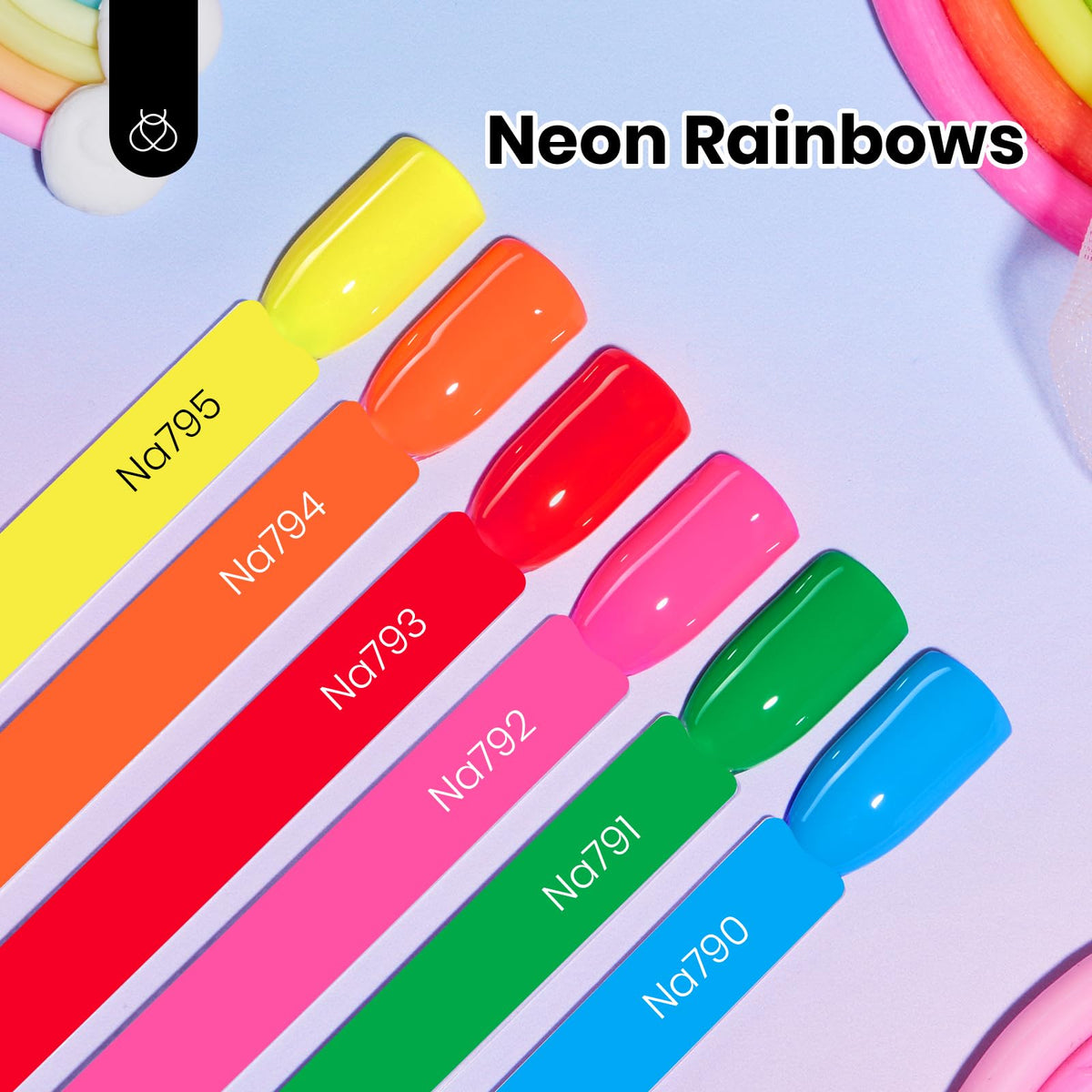 Beetles six neon gel bottles arranged to show color range and vibrant finishing options