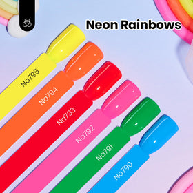 Beetles six neon gel bottles arranged to show color range and vibrant finishing options