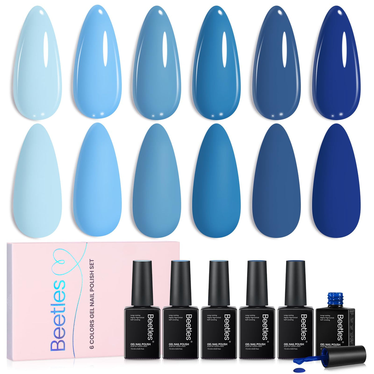 beetles front packaging showing six ocean blue shades and benefits for versatile manicures
