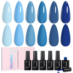 beetles front packaging showing six ocean blue shades and benefits for versatile manicures